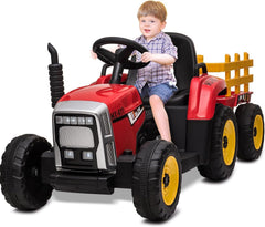 HAUSPROFI 12V 3-Gang Kinder Elektroauto mit Anhänger, Elektro Traktor 2 Fahrmodi, 2,4G-Fernbedienung, Kinder Traktor LED-Licht, Bluetooth, Musik, USB, Elektrischer Traktor für kinder ab 3 Jahren, Grün