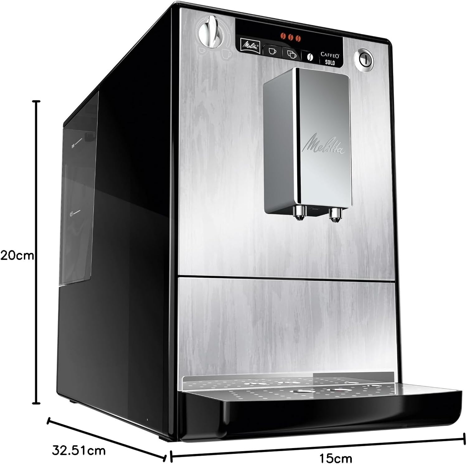 Melitta Solo - Kaffeevollautomat mit höhenverstellbarem Auslauf, kleine Kaffeemaschine mit abnehmbarem Wassertank, für z. B. Espresso oder Café Crème, silber