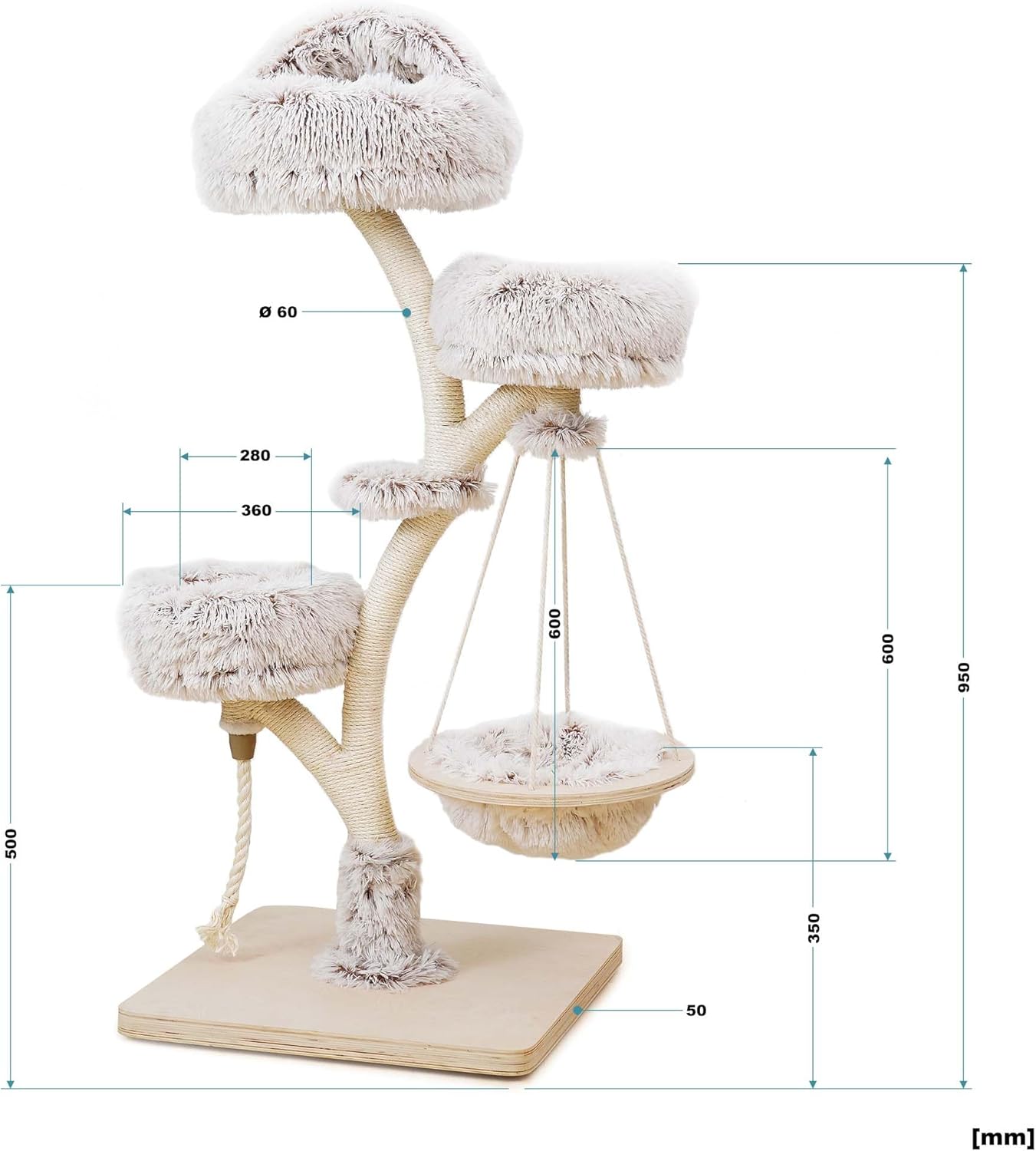 Fudajo Designer Kratzbaum in Zweigdesign 130 cm hoch, Katzenkratzbaum mit Plüsch und Sisal, Kletterbaum für Katzen, Katzenbaum mit Hängeliege