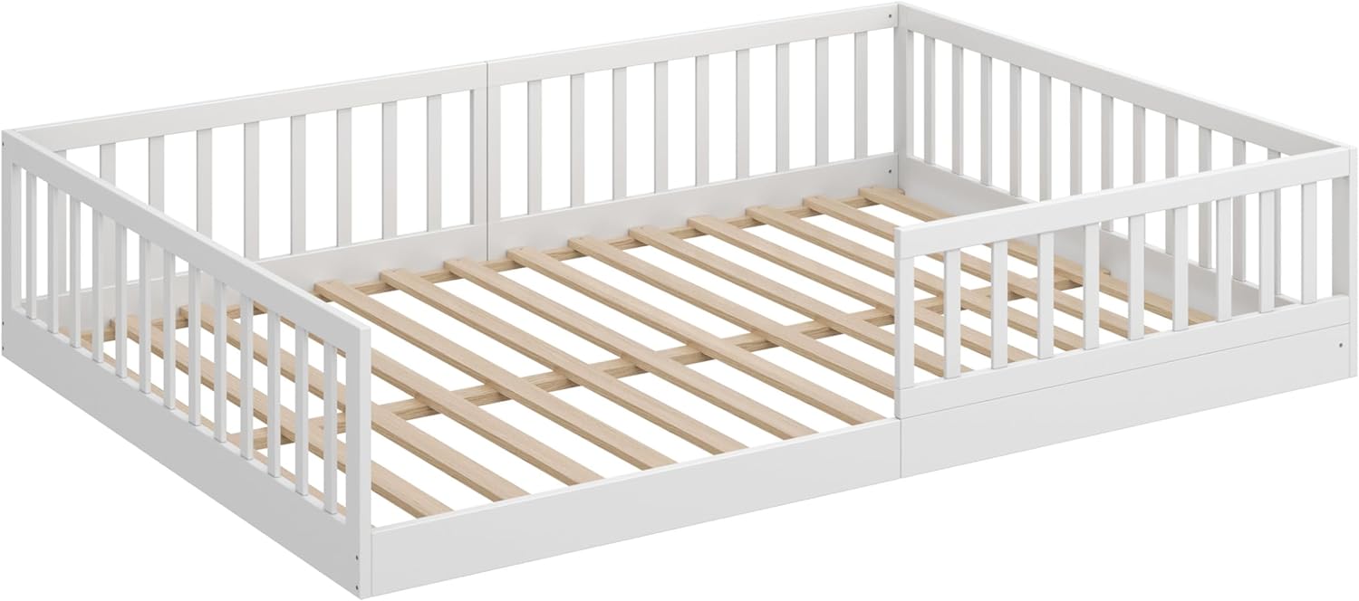 CADANI Timi 2in1 Bodenbett 140x200 cm Montessori Kinderbett mit abnehmbaren Rausfallschutz inkl. Lattenrost, Kiefer Massivholz, weiß - 3 Aufbauvarianten, bis 200 kg belastbar, umbaubar
