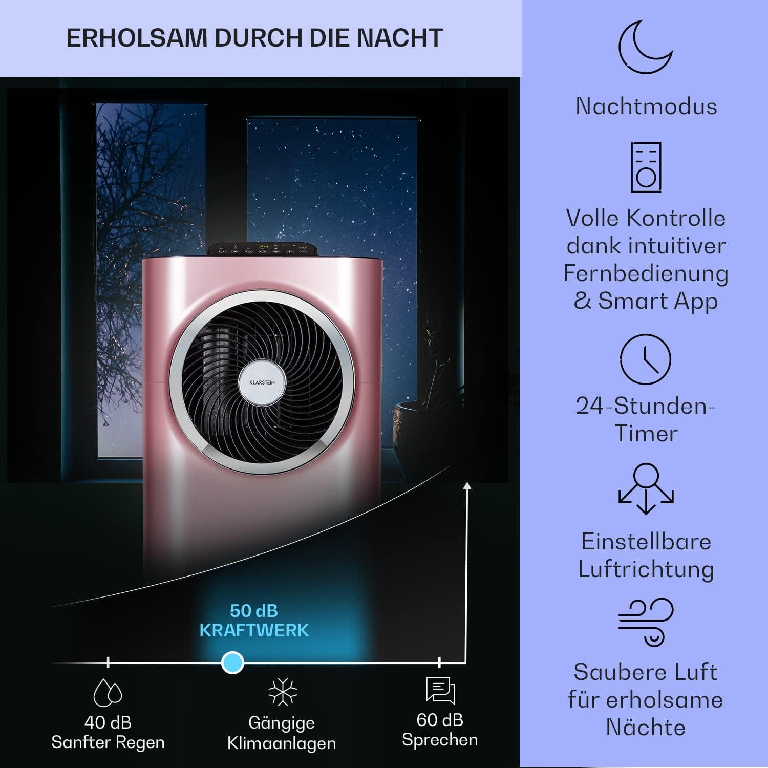 Klarstein Mobile Klimaanlage mit Abluftschlauch, 5-in-1 Klimagerät, Ventilator, Luftentfeuchter, Luftreiniger & Nachtmodus, App-Steuerung, Kleine & Portable, für Wohnung & Büro, 12000 BTU