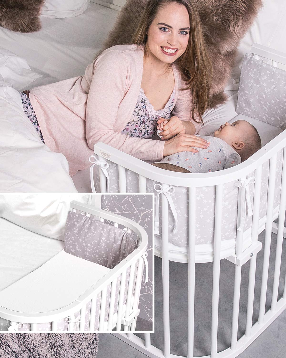 babybay Original Beistellbett aus massivem Buchenholz / kompakt & verwandelbar / Kinderbett Höhe stufenlos verstellbar & umweltfreundlich / mitwachsendes Babybett (weiß lackiert) / inkl. Matratze