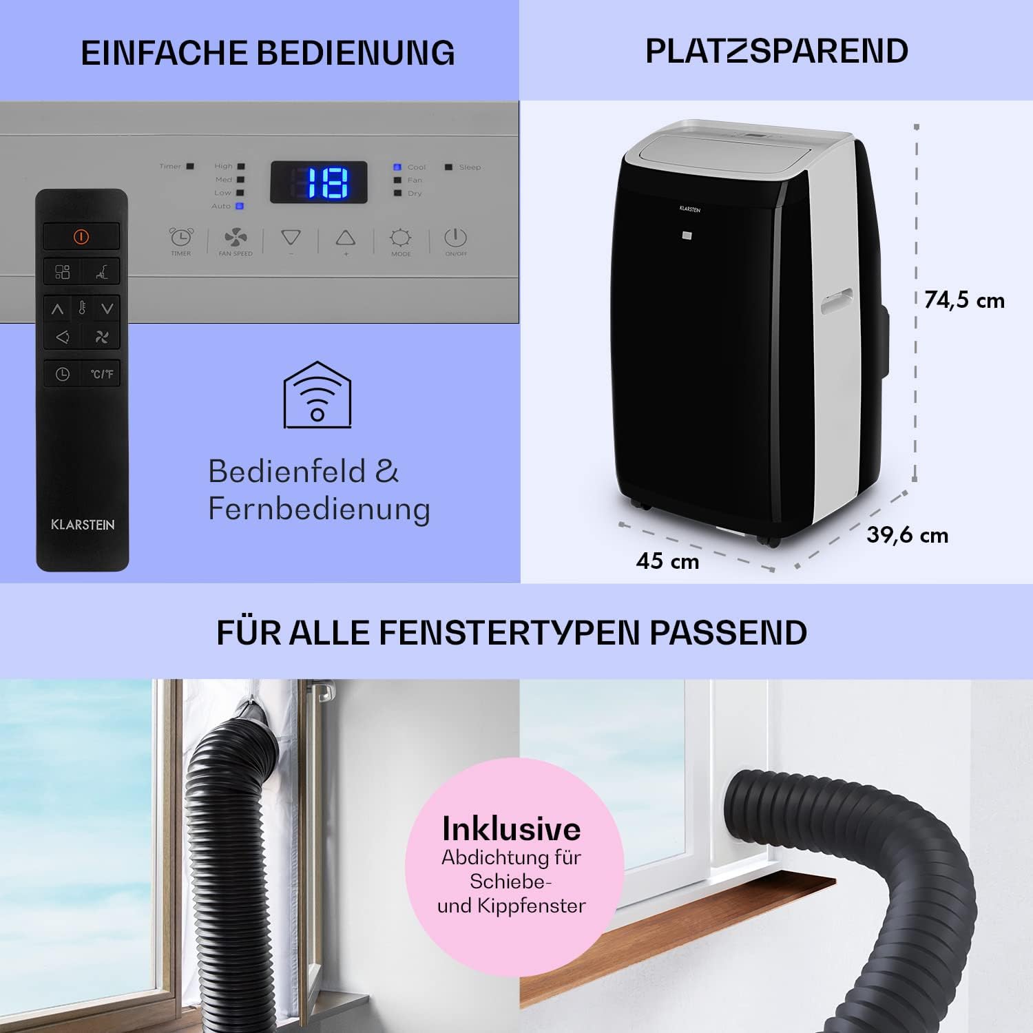 KLARSTEIN Grandbreeze Pro 14K – Mobiles Klimagerät, Luftentfeuchter, Ventilator, 3 Geschwindigkeiten, 14000 BTU/1,65 kW, Raum: 42 bis 68 m², Durchfluss: 460 m³/h, CEE A – Weiß Klimaanlage