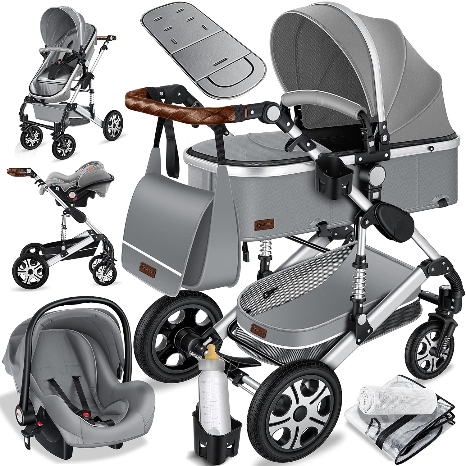 KESSER Loops 3 in 1 Kinderwagen Kombikinderwagen Komplett-Set inkl. Babywanne & Buggy Sportsitz & Auto-Babyschale Voll-Gummireifen Wickeltasche Regenschutz Kindertisch ECE R129, Schwarz/Champagne