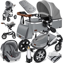 KESSER Loops 3 in 1 Kinderwagen Kombikinderwagen Komplett-Set inkl. Babywanne & Buggy Sportsitz & Auto-Babyschale Voll-Gummireifen Wickeltasche Regenschutz Kindertisch ECE R129, Schwarz/Champagne