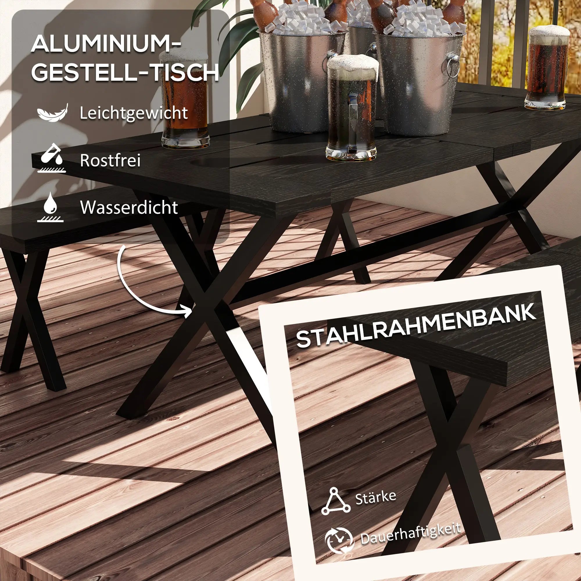 Outsunny Bierzeltgarnitur 3-tlg. mit Schirmloch in Holzoptik