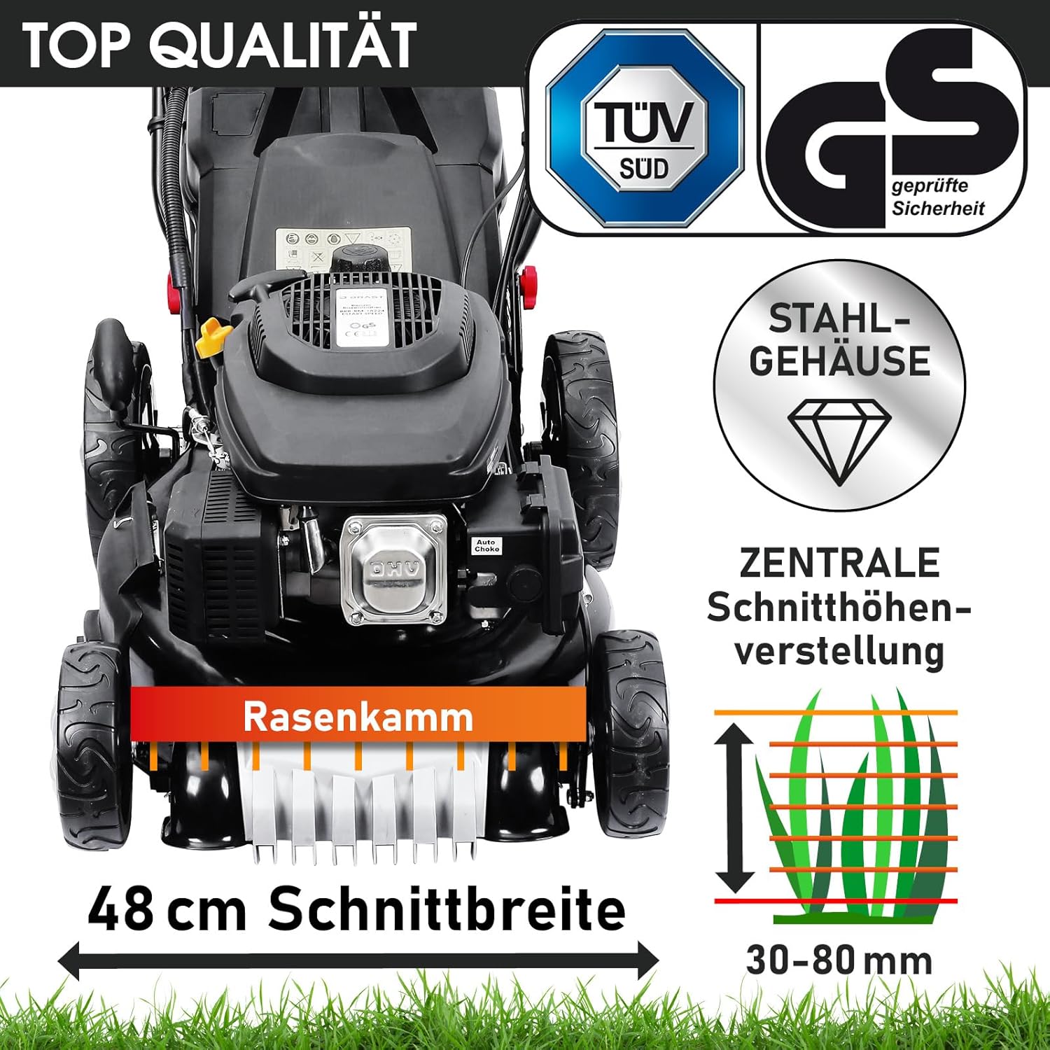 BRAST Benzin Rasenmäher mit Antrieb | 5,2kW(7PS) | Elektrostart | 48cm Schnittbreite | viele Modelle | TÜV | 4 Takt OHV Motor | 30-80mm Schnitthöhe | 60L Fangkorb | Stahlgehäuse | 19224 ESTART Speed