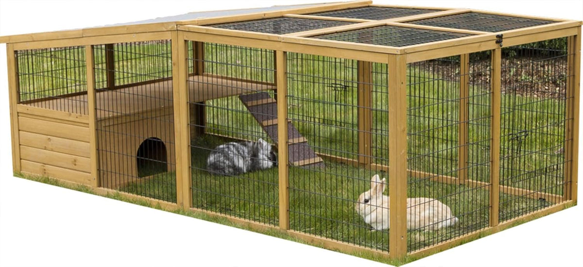 Kerbl Freigehege mit Ausbruchsperre (Gitterabstand 2,5 cm, überdachter Auslauf, mit Kunststoffdach, inkl. Kleintierhaus + Aussichtsplattform) 81708