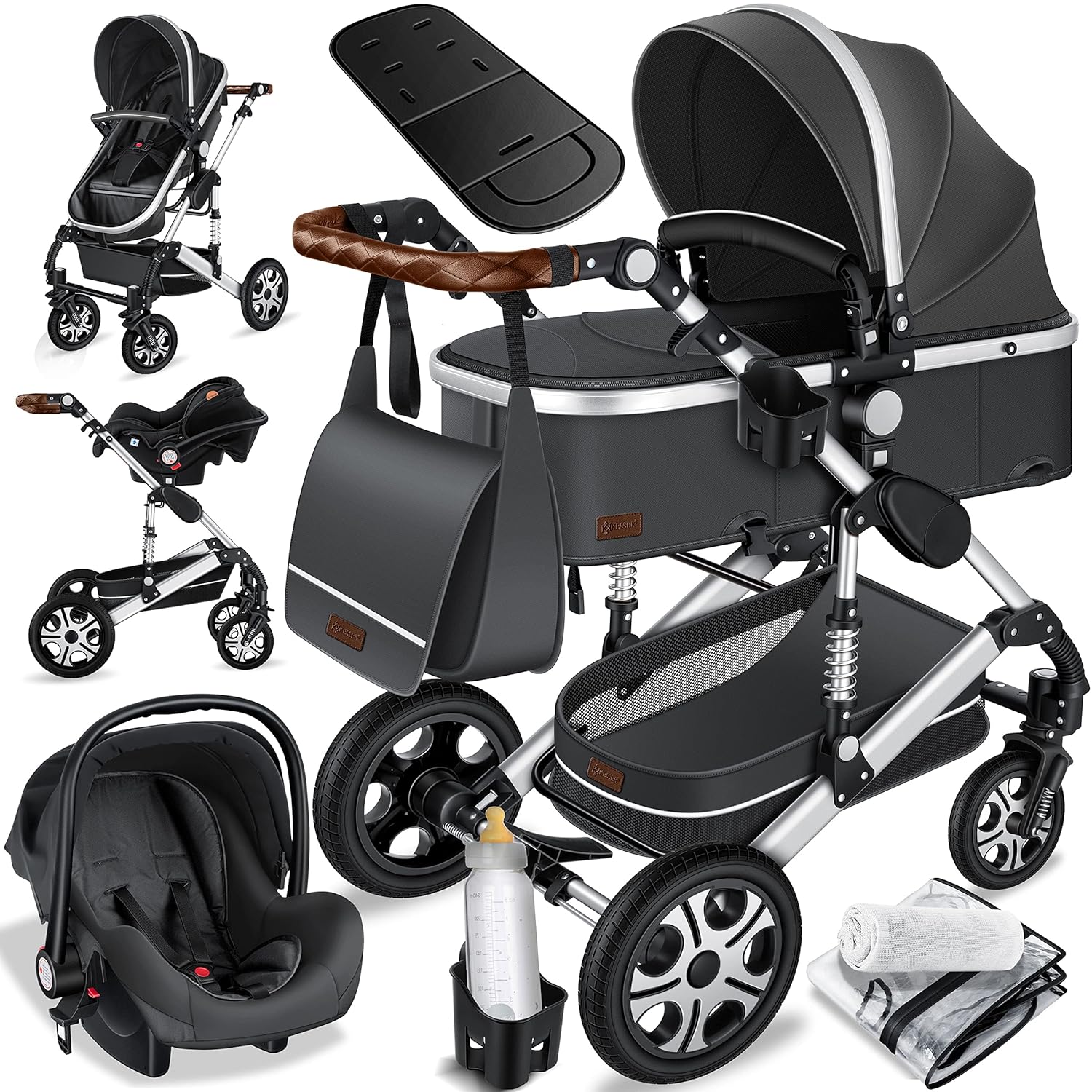KESSER Loops 3 in 1 Kinderwagen Kombikinderwagen Komplett-Set inkl. Babywanne & Buggy Sportsitz & Auto-Babyschale Voll-Gummireifen Wickeltasche Regenschutz Kindertisch ECE R129, Schwarz/Champagne