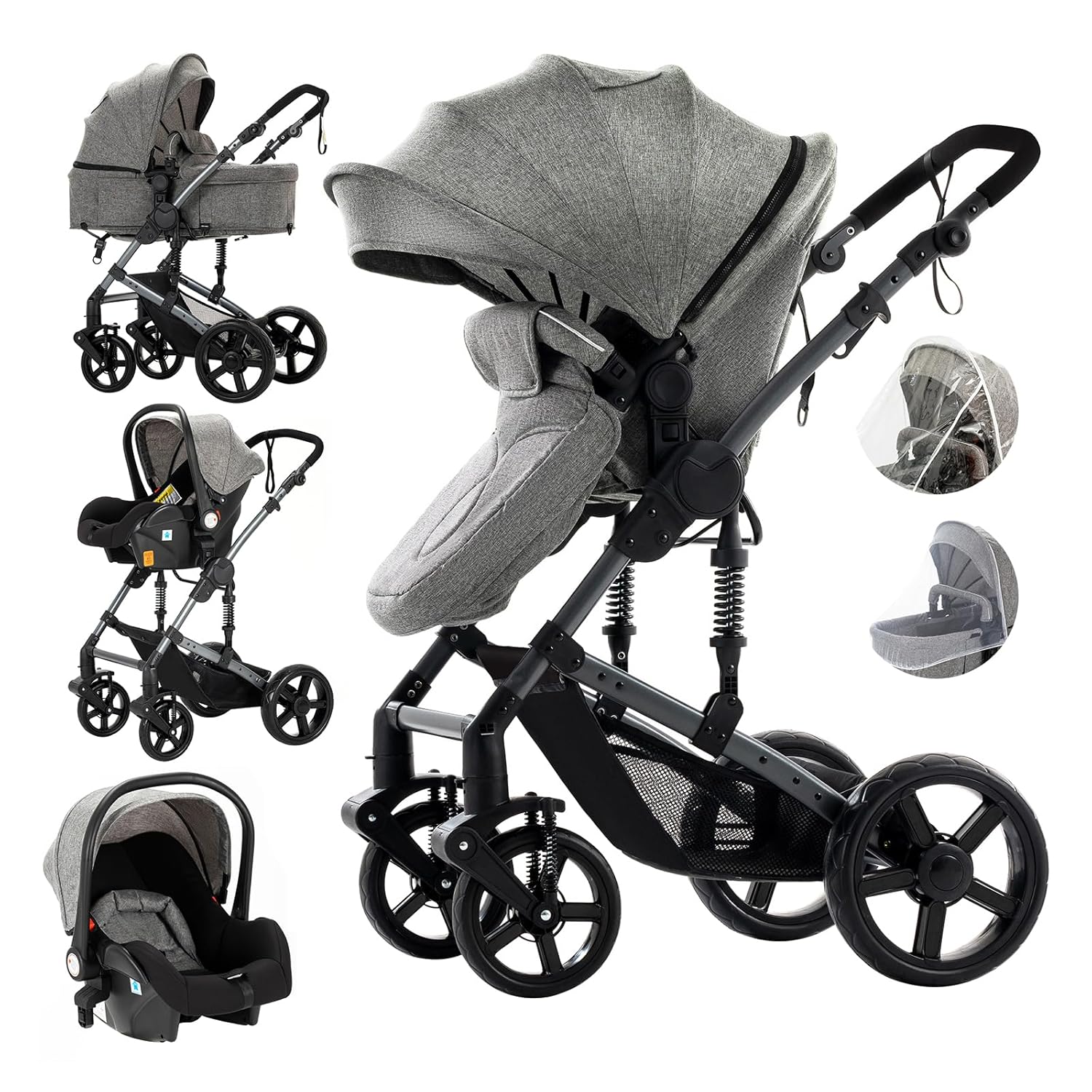 3 in 1 Kombikinderwagen 3 in 1 Reisesysteme Kinderwagen Infant Hochlandschaft Liegender Buggy Kinderwagen Neugeborenen Kinderwagen Faltbarer Standardkinderwagen (906 White)