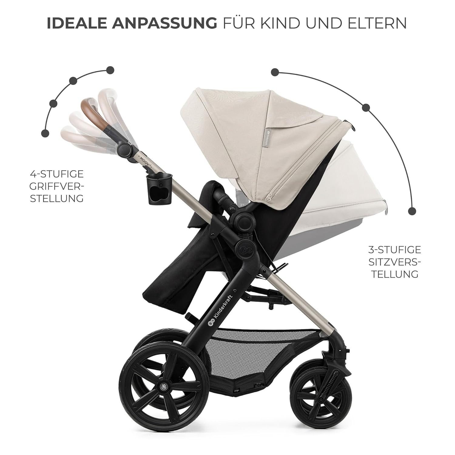 Kinderkraft MOOV2 AIR Kinderwagen 3 in 1 Kinderwagenset bis 26 kg mit Kindersitz I-SIZE 40-75 cm, Buggy Funktion, Liegeposition verstellbar, Große ausziehbare Verdeck, Aufblasbare Räder, Schwarz