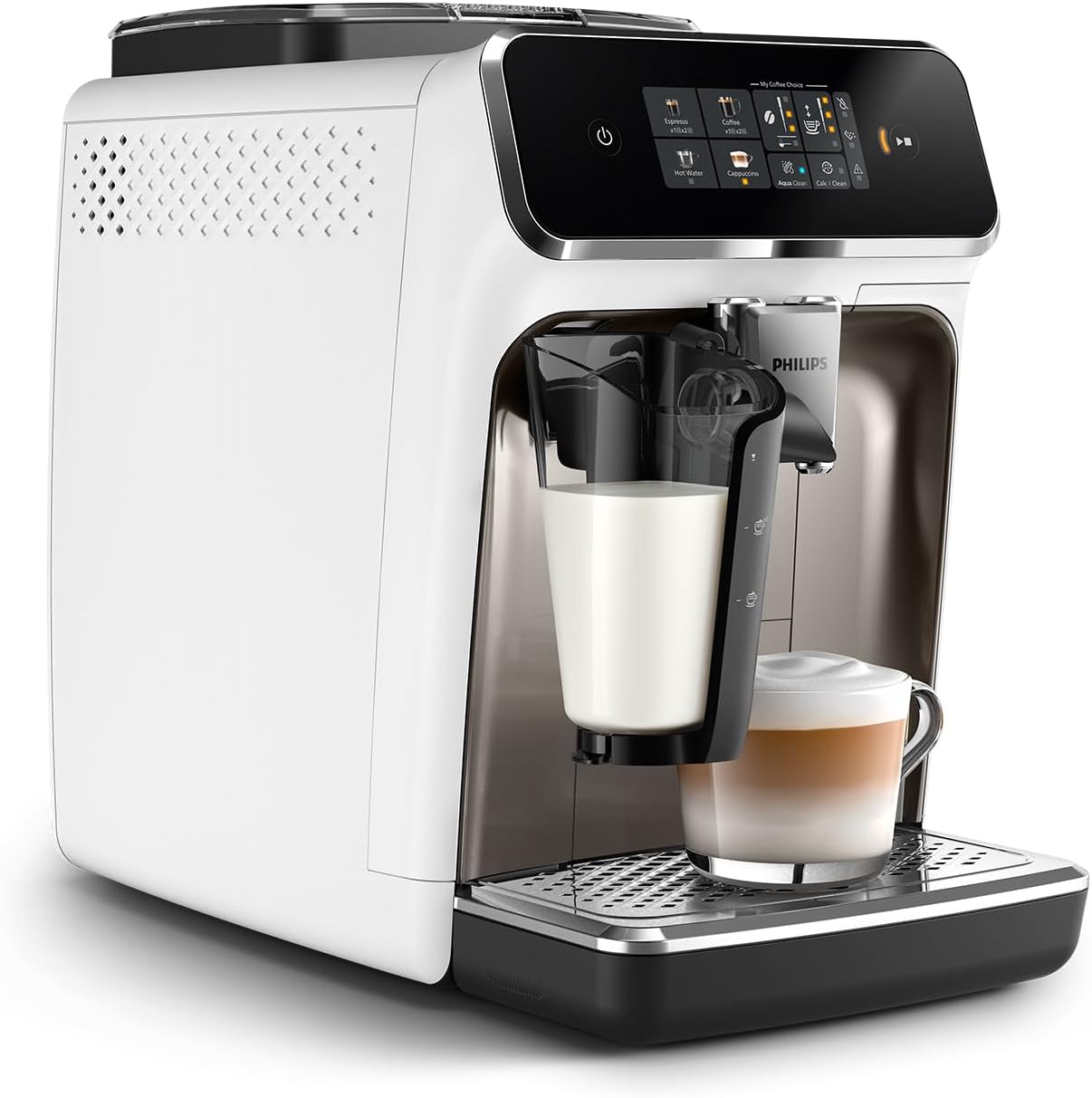 Philips 2300 Serie Vollautomatische Espressomaschine - 4 Getränke, modernes Farb-Touchscreen-Display, LatteGo-Milchsystem, SilentBrew, Keramikmahlwerk, AquaClean-Filter. Weißes Chrom (EP2333/40)