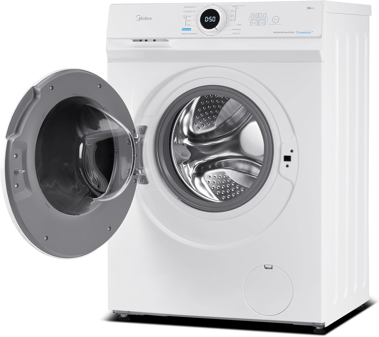 Midea MF10EW80B Waschmaschine / 8kg / 1400 U/Min/EEK A/Inverter Quattro Moto/Dampffunktion/Grosse Trommel/Slim Design/Nachlegefunktion/Kindersicherung/AquaStop, Weiß