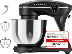KLAMER Küchenmaschine 1800W, Knetmaschine Brotteig mit Edelstahl-Rührschüssel 6 L, 10 Stufen mit Timer, Planetenrührwerk, Rührbesen, Knethaken, Schneebesen & Sichtdeckel (schwarz)