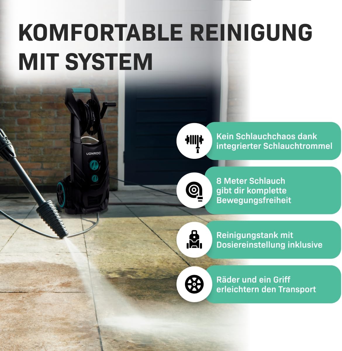 VONROC Profi Hochdruckreiniger 195bar - Fassadenreiniger für schwere Reinigungsarbeiten [2500W] - Hoher Durchfluss [468 l/h] Reinigungstank, Aluminium Pumpe - inkl. Terassenreiniger