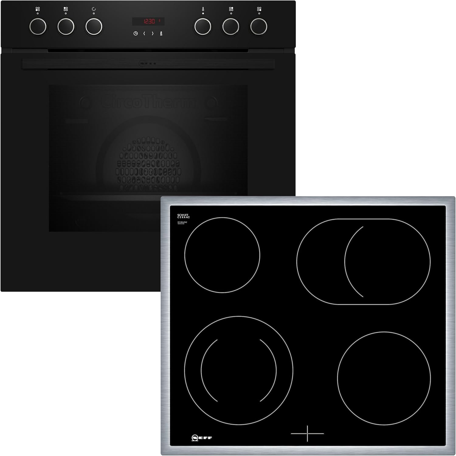 NEFF EDX442, Set bestehend aus E1ECD0AN0, N 30, Einbauherd mit CircoTherm, 60 x 60 cm, Edelstahl und M13R42N2, N 50, herdgesteuertes Elektrokochfeld, 60 cm, Schwarz, mit Rahmen aufliegend