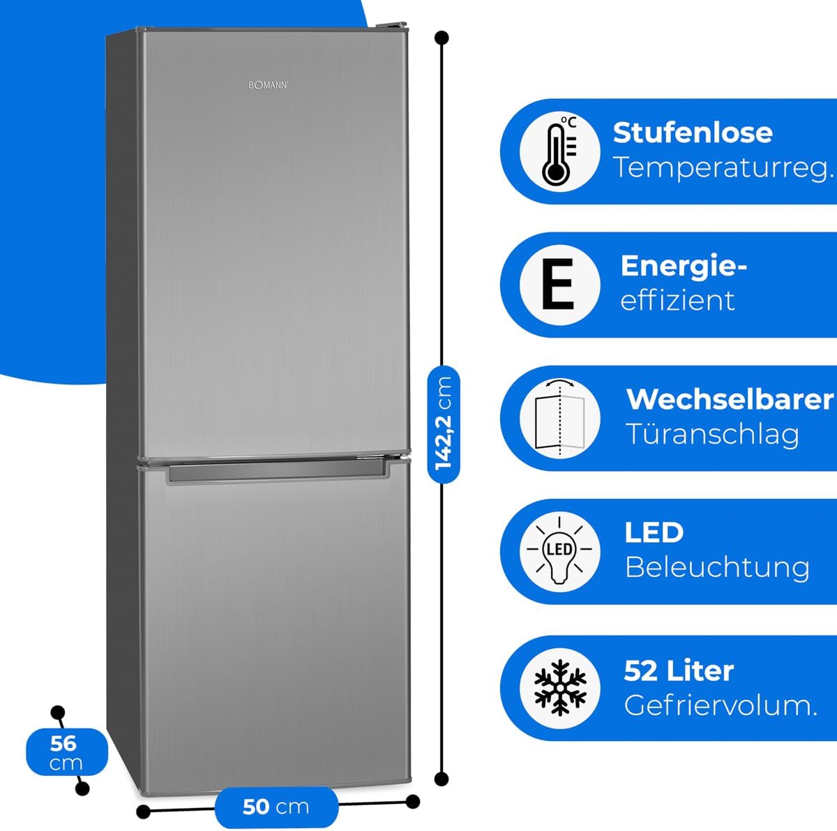 Bomann® Kühlschrank mit Gefrierfach 143cm hoch | Kühl Gefrierkombination 173L mit 3 Ablagen & 3 Schubladen | Türanschlag wechselbar | leise Kühlgefrierkombi 40db | Kühlschrank | KG 7331 inox