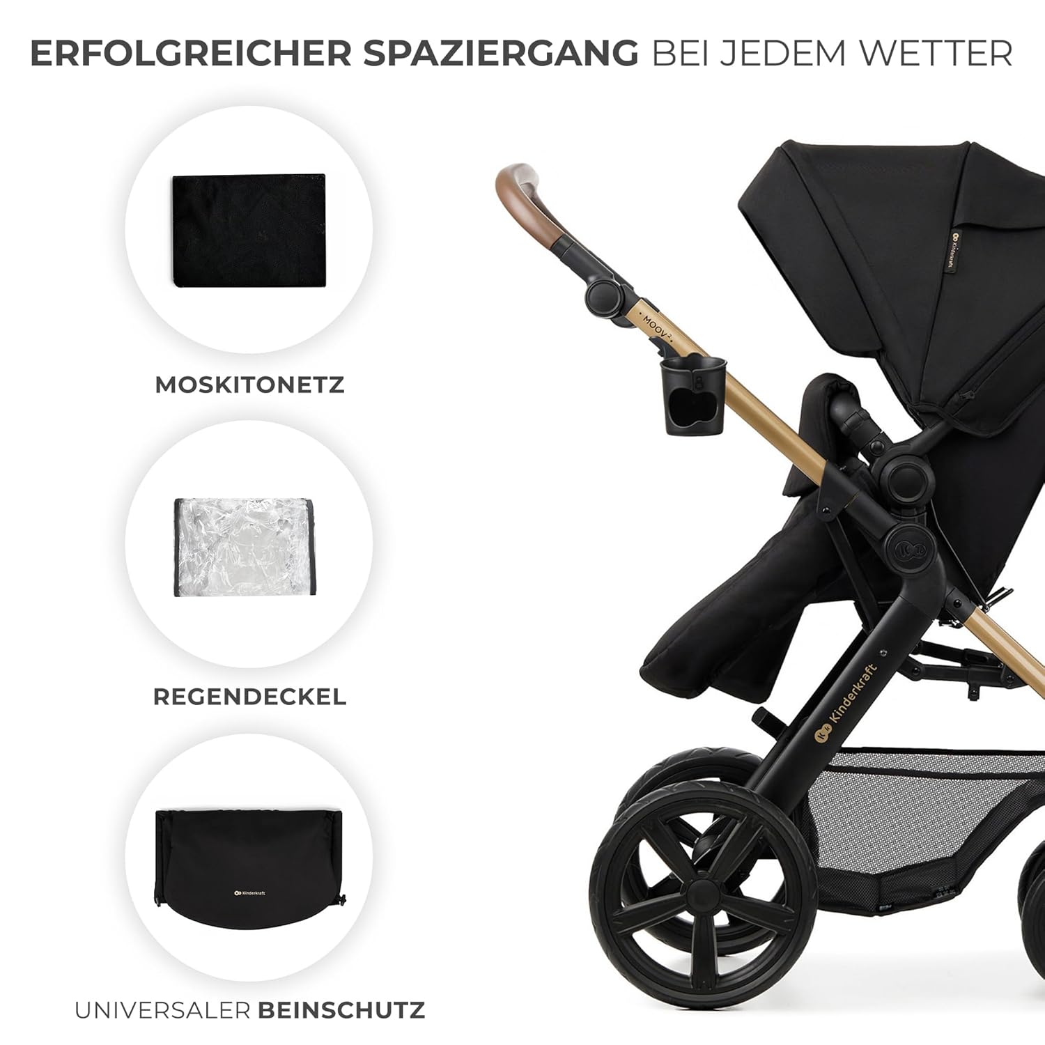 Kinderkraft MOOV2 AIR Kinderwagen 3 in 1 Kinderwagenset bis 26 kg mit Kindersitz I-SIZE 40-75 cm, Buggy Funktion, Liegeposition verstellbar, Große ausziehbare Verdeck, Aufblasbare Räder, Schwarz
