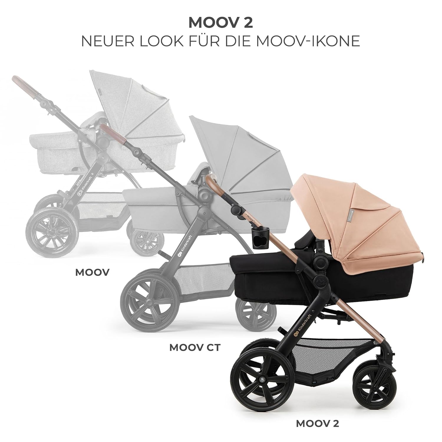 Kinderkraft MOOV2 AIR Kinderwagen 3 in 1 Kinderwagenset bis 26 kg mit Kindersitz I-SIZE 40-75 cm, Buggy Funktion, Liegeposition verstellbar, Große ausziehbare Verdeck, Aufblasbare Räder, Schwarz