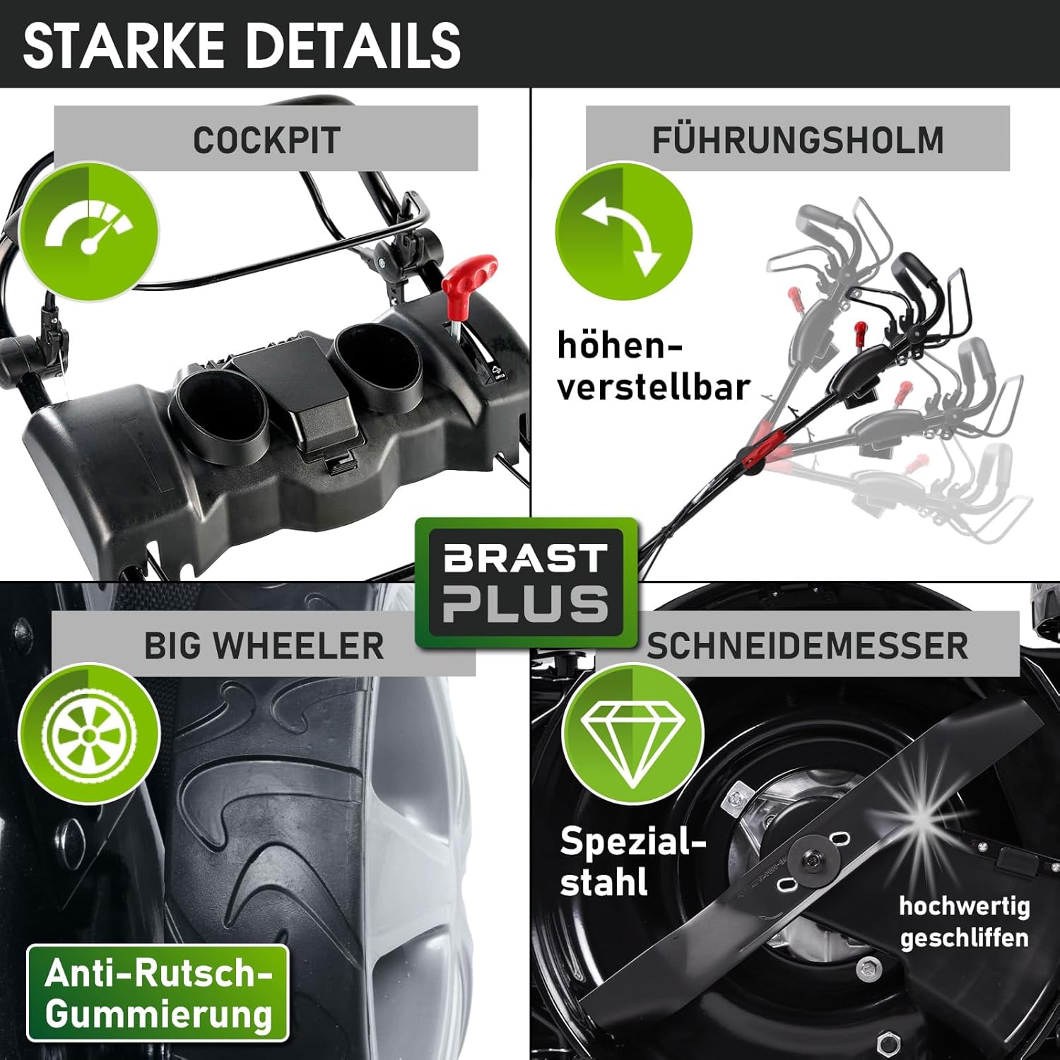 BRAST Benzin Rasenmäher mit Antrieb | 5,2kW (7PS) | 55cm Schnittbreite | viele Modelle | TÜV | 30-80mm Schnitthöhe | 60L Fangkorb | 4 Takt OHV Motor | Stahlgehäuse | Power