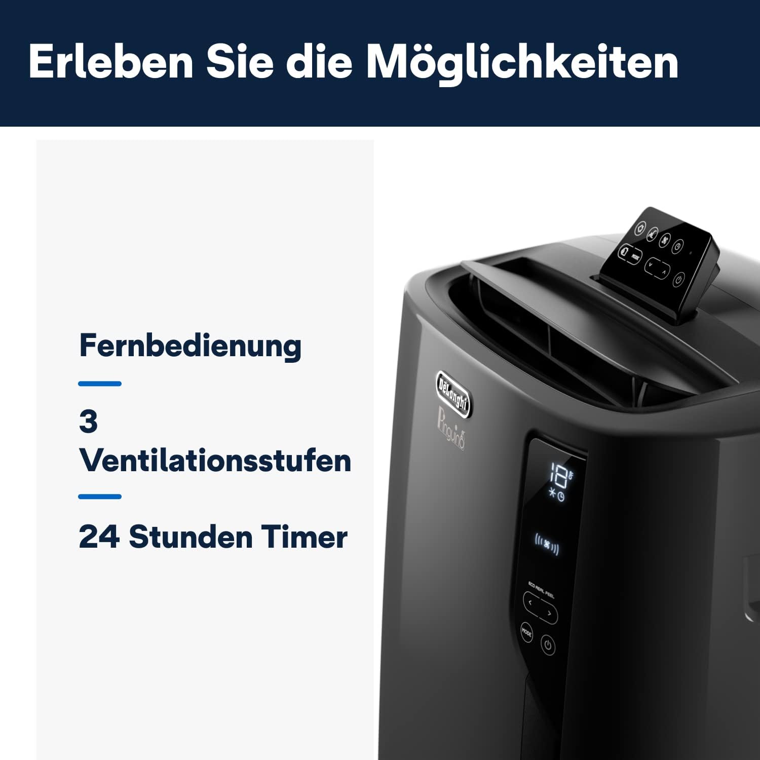 De'Longhi Pinguino PAC EL112 CST mobiles Klimagerät mit Abluftschlauch, Klimaanlage Für Räume bis 110 m³, Luftentfeuchter, Ventilationsfunktion, 24h-Timer, Schwarz