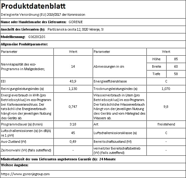 Gorenje GS 620 C10S Freistehender Geschirrspüler/ 60cm / 14 Maßgedecke / 3 Körbe / 5 Programme/Inverter PowerDrive Motor/SpeedWash/TotalDry/vollständiger Überlaufschutz/Grau Metallic
