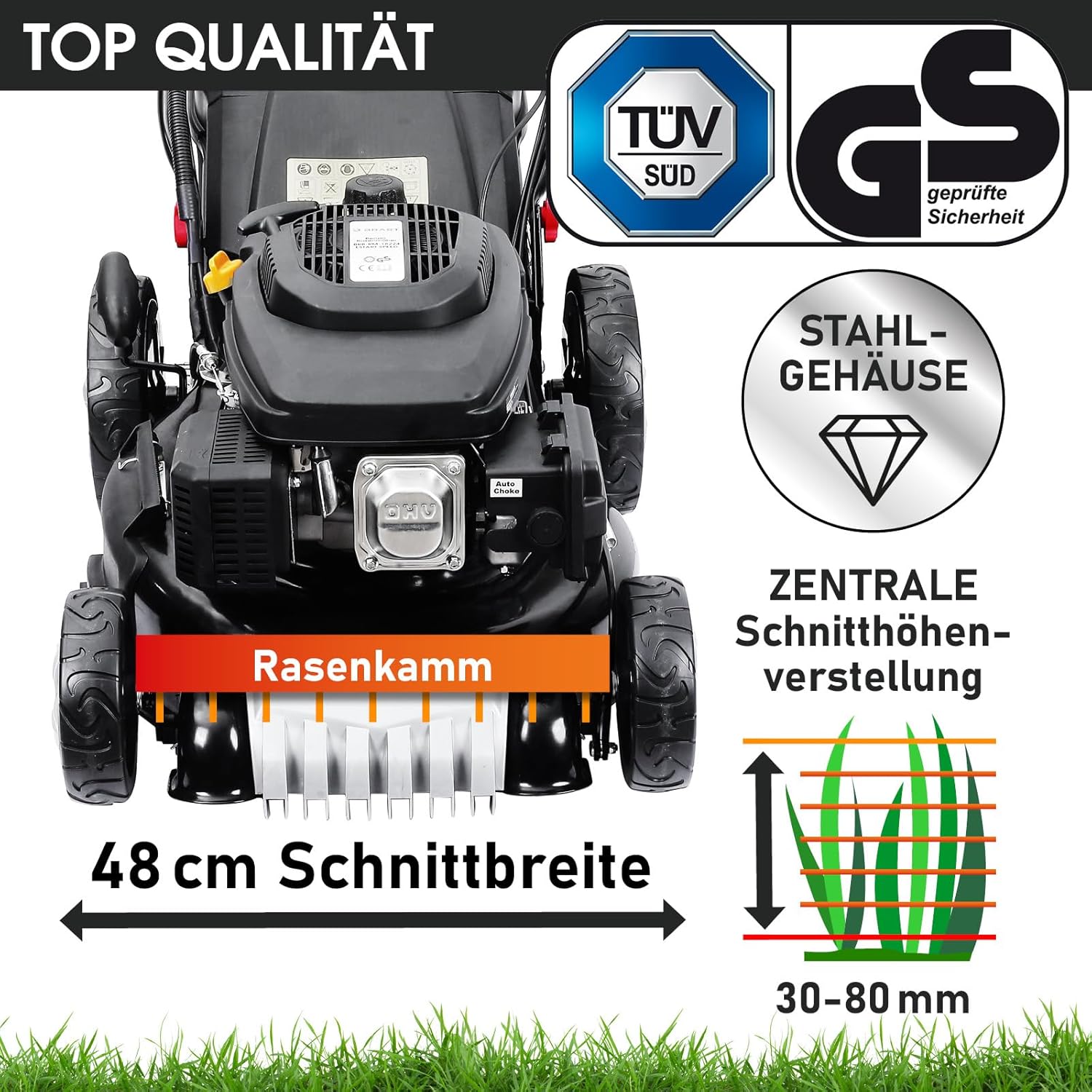 BRAST Benzin Rasenmäher mit Antrieb | 5,2kW(7PS) | Elektrostart | 48cm Schnittbreite | viele Modelle | TÜV | 4 Takt OHV Motor | 30-80mm Schnitthöhe | 60L Fangkorb | Stahlgehäuse | 19224 ESTART Speed
