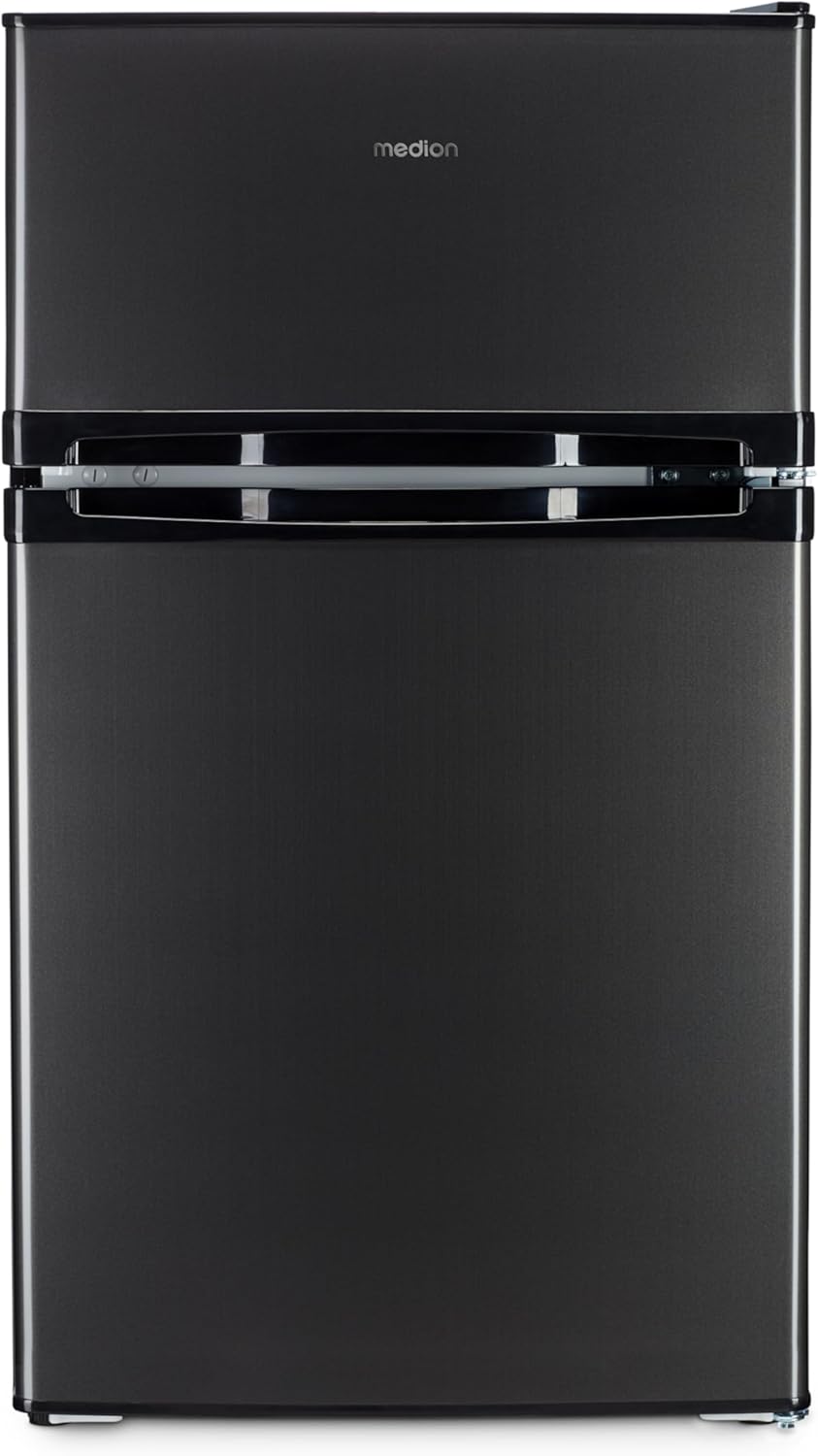 MEDION Mini Kühl-Gefrierkombination (85 Liter, 61L Kühlteil, 24L Gefrierteil, freistehend, 40 dB, transparente Gemüseschublade, Türanschlag wechselbar, MD 37689) grau