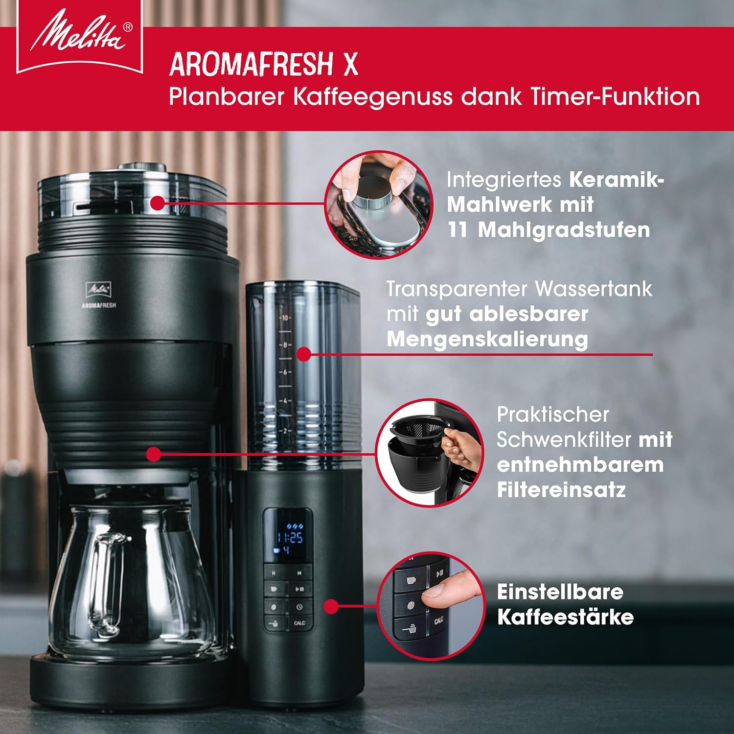 Melitta AromaFresh X - Kaffeemaschine mit Mahlwerk, Filterkaffeemaschine mit Glaskanne und Tropfstopp, für bis zu 10 Tassen Kaffee, schwarz/silber