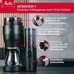 Melitta AromaFresh X - Kaffeemaschine mit Mahlwerk, Filterkaffeemaschine mit Glaskanne und Tropfstopp, für bis zu 10 Tassen Kaffee, schwarz/silber