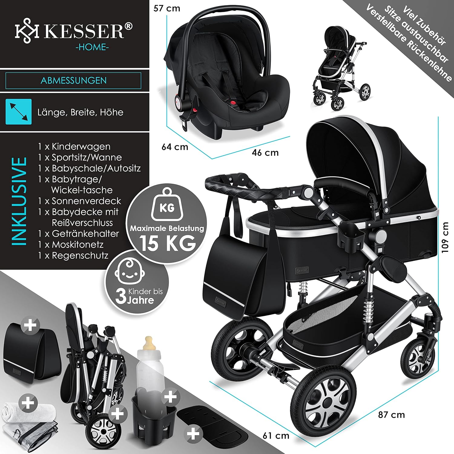 KESSER Loops 3 in 1 Kinderwagen Kombikinderwagen Komplett-Set inkl. Babywanne & Buggy Sportsitz & Auto-Babyschale Voll-Gummireifen Wickeltasche Regenschutz Kindertisch ECE R129, Schwarz/Champagne