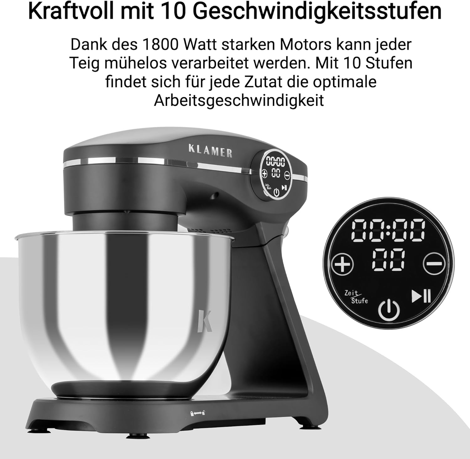 KLAMER Küchenmaschine 1800W, Knetmaschine mit 6 Liter Edelstahl Schüssel, 10 Geschwindigkeitsstufen mit Timer, Rührbesen, Knethaken, Schneebesen und Spritzschutz