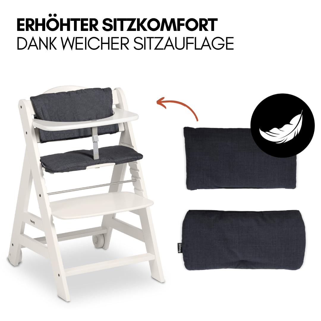 hauck Hochstuhl Beta+ Newborn Set Premium Dark Grey - Babyhochstuhl Set ab Geburt mit Neugeborenen Aufsatz Bouncer, Sitzpolster und Essbrett - Dark Grey
