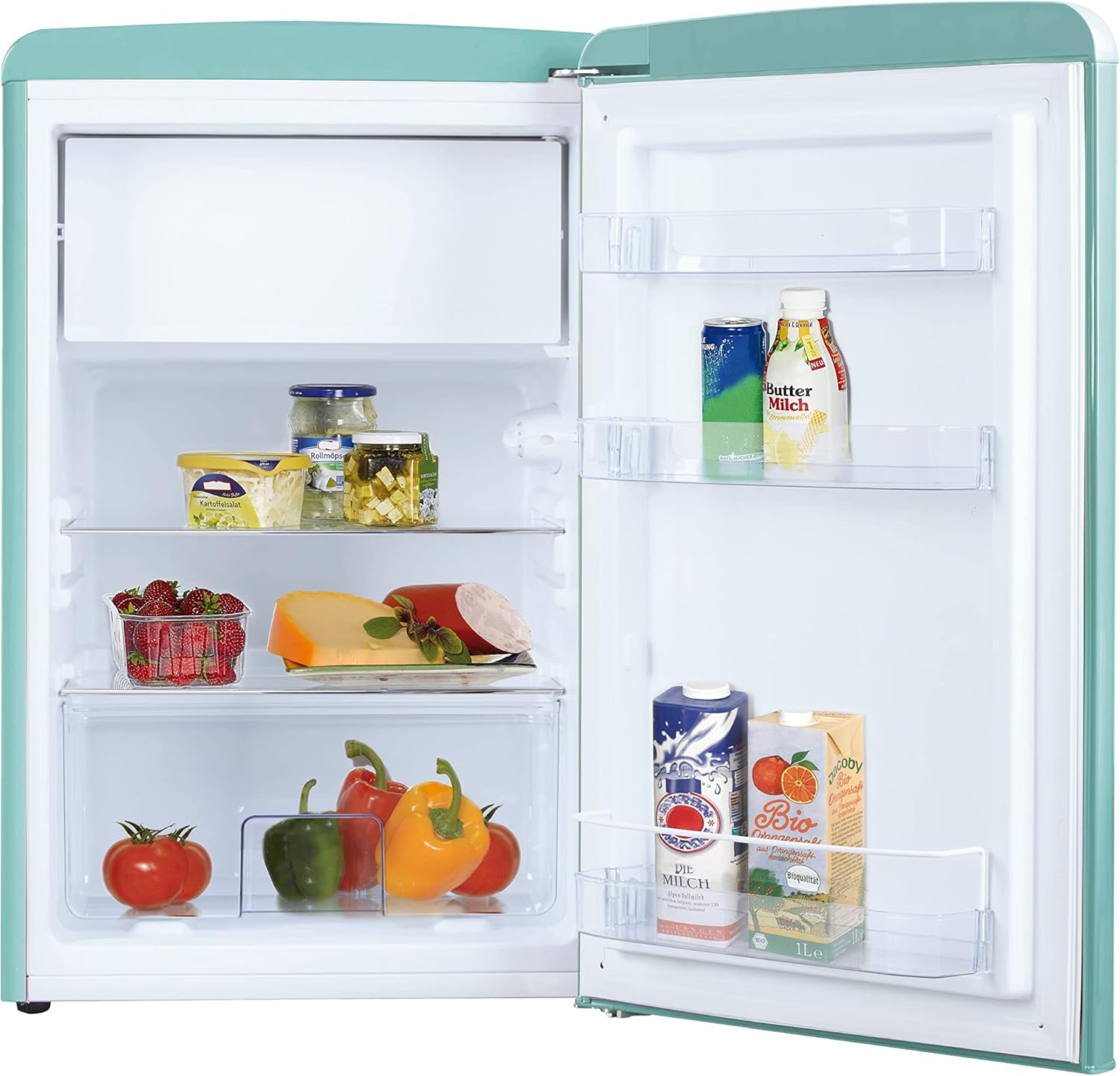 Amica KGC 15632 T Retro Kühl-/Gefrierkombination / Ice Blue (Türkis) / 144cm (H) x 55cm (B) x 62cm (T) / Retro-Design / Kühlschrank mit Gefrierfach
