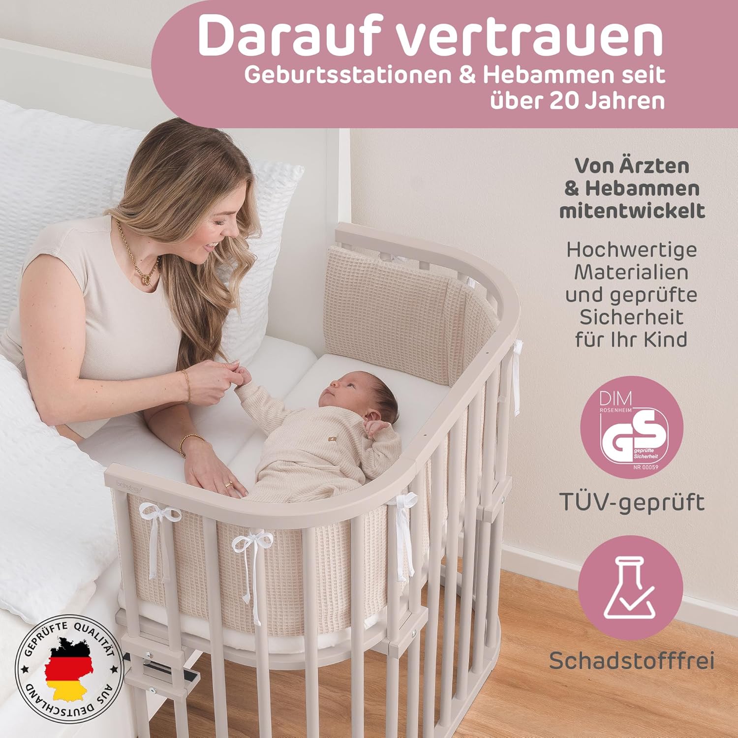 babybay Original Beistellbett aus massivem Buchenholz / kompakt & verwandelbar / Kinderbett Höhe stufenlos verstellbar & umweltfreundlich / mitwachsendes Babybett (weiß lackiert) / inkl. Matratze