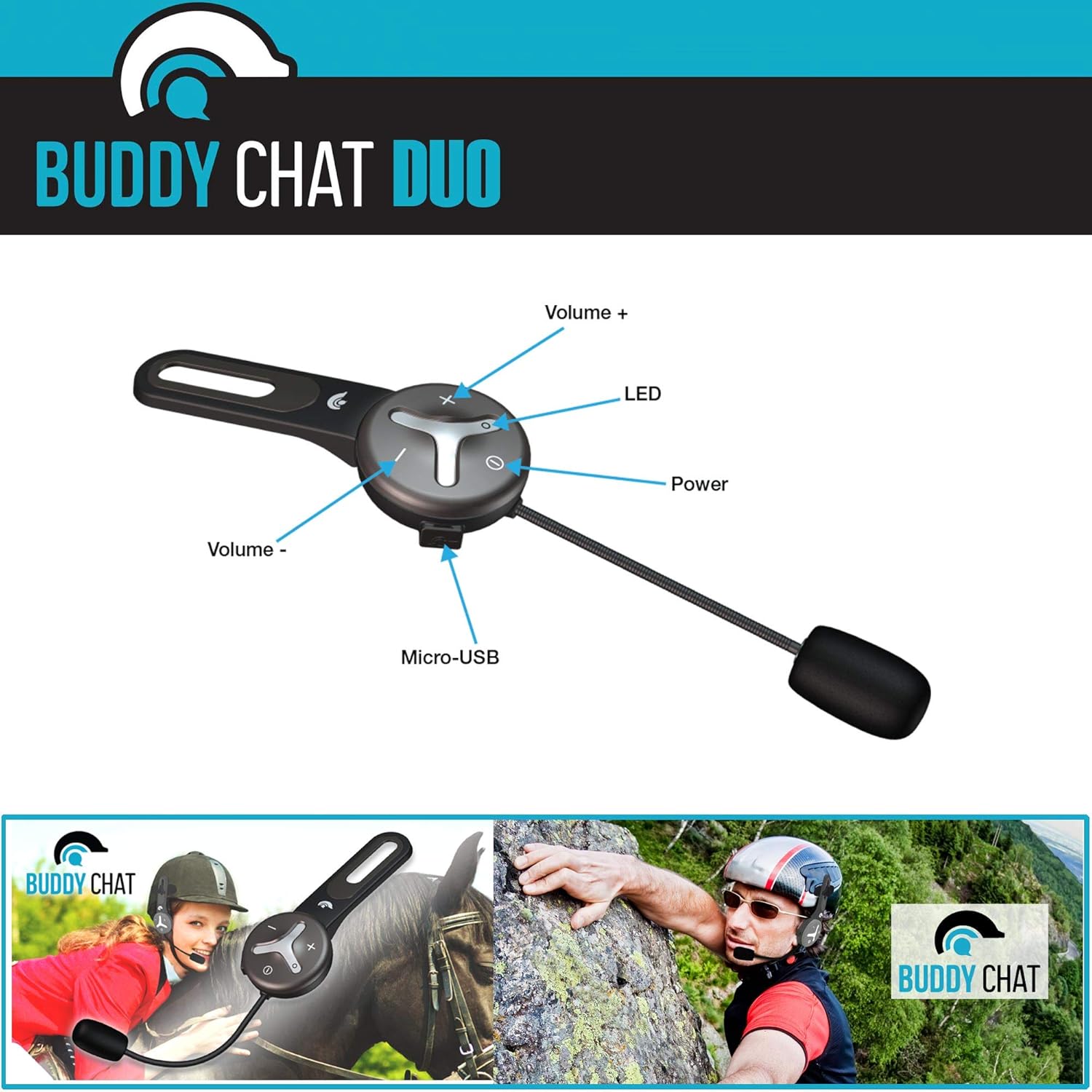 BuddyChat Duo (2er Set) Bluetooth Fahrrad Sport Ski Arbeit Intercom Helm Headset, Freisprechanlage Funkgerät, Gegensprechanlage, DSP-Geräuschunterdrückung, Reichweite bis 1000m