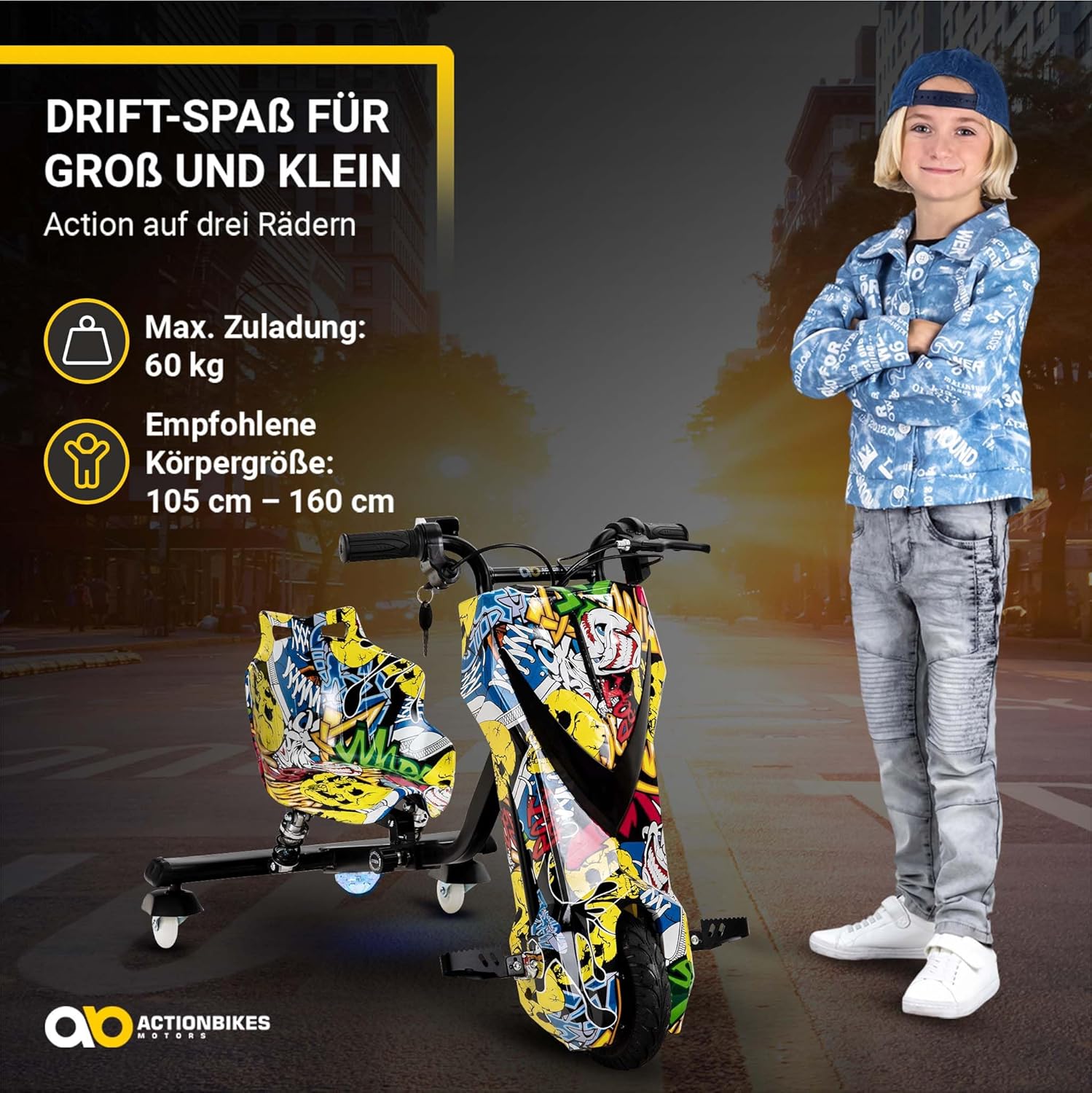 Actionbikes Motors Kinder Elektro Driftscooter | 𝟐𝟓𝟎 Watt Motor - Drift Cart 360°- 3 Geschwindigkeitsstufen - LED-Beleuchtung - Sitz verstellbar - Bluetooth - Drift Kart - Drift Auto (Space Purple)
