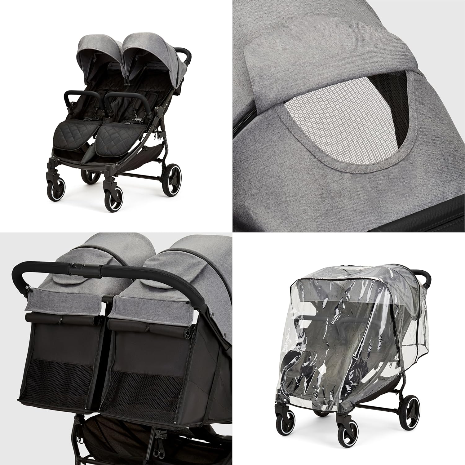 Venus Max Doppel kinderwagen - geeignet von Geburt bis 15 kg (ca. 3 Jahre), kompakter, leichter, faltbarer Zwillingskinderwagen, inklusive Regenschutz und Fußwärmer (Biscuit)