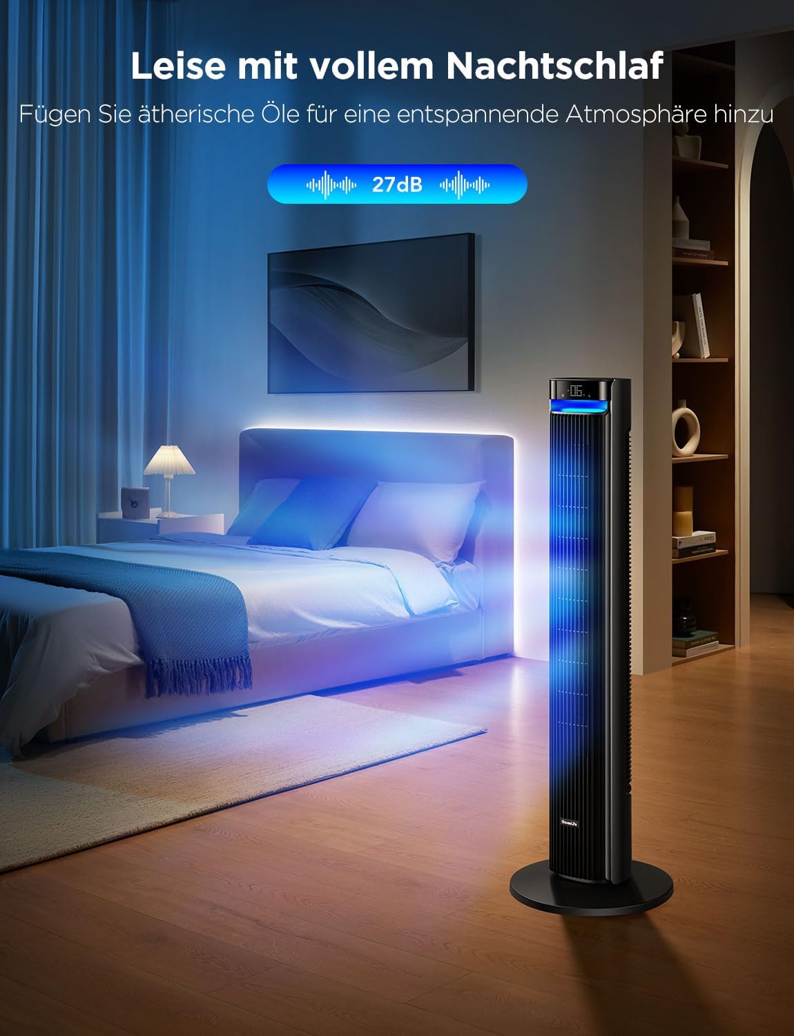 GoveeLife 27 dB leiser Ventilator, 12 Geschwindigkeiten bis zu 8 m/s, 5 Modi, 24-Stunden-Timer, intelligenter Turmventilator mit 150°-Oszillation, APP- und Sprachsteuerung für Zuhause, schwarz