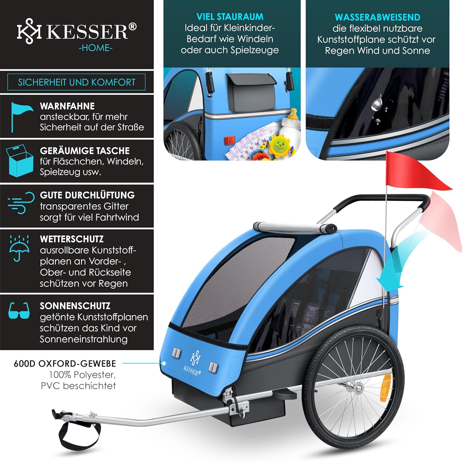 KESSER Kinderfahrradanhänger Sport-RX 2in1 Jogger & Buggy 5-Punkt-Gurt Sicherheitsgurt 360° Vorderrad Kinderfahrradanhänger Reflektoren für 1-2 Kinder (max. 40 kg) Getränkehalter & Smartphonefach