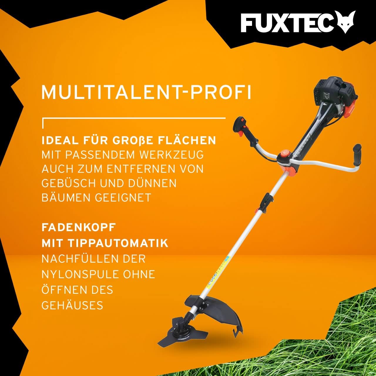 FUXTEC Profi Benzin Motorsense FX-PS162 – Profisense mit 62ccm, Faden und Komfort-Tragegurt – Rasentrimmer mit Antivibrationssystem – 2-Takt Freischneider Fadenspule