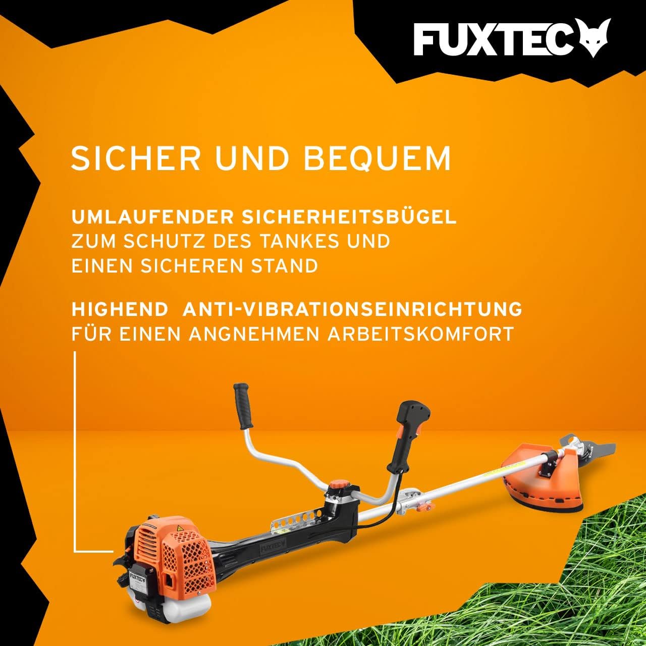 FUXTEC Profi Benzin Motorsense FX-PS162 – Profisense mit 62ccm, Faden und Komfort-Tragegurt – Rasentrimmer mit Antivibrationssystem – 2-Takt Freischneider Fadenspule