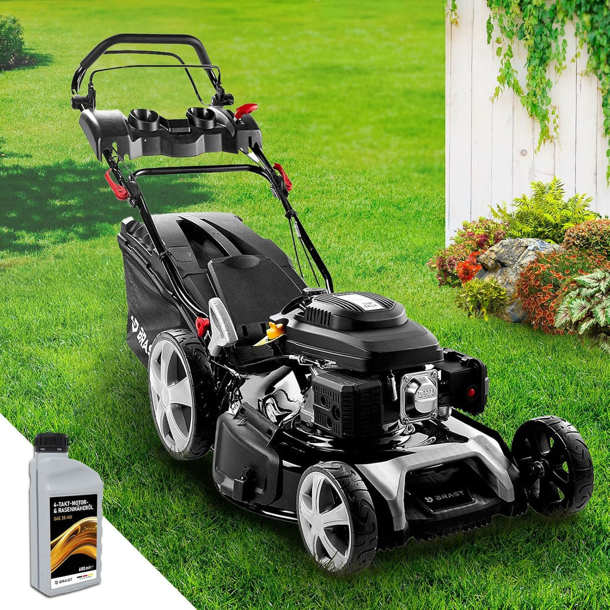BRAST® Benzin Rasenmäher mit Antrieb | 5,2kW (7PS) | 55cm Schnittbreite | viele Modelle | TÜV | 30-80mm Schnitthöhe | 60L Fangkorb | 4 Takt OHV Motor | Stahlgehäuse | Power