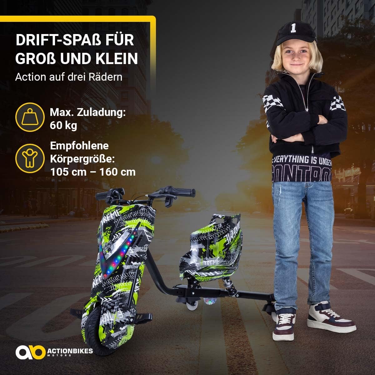 Actionbikes Motors Kinder Elektro Driftscooter | 𝟐𝟓𝟎 Watt Motor - Drift Cart 360°- 3 Geschwindigkeitsstufen - LED-Beleuchtung - Sitz verstellbar - Bluetooth - Drift Kart - Drift Auto (Space Purple)