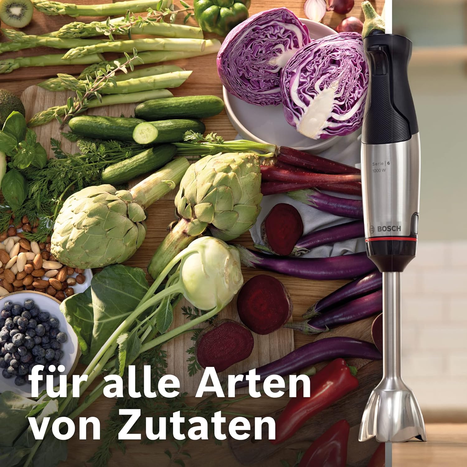 Bosch Stabmixer ErgoMaster Serie 6 MSM6M673, 10 Jahre Motorgarantie, Edelstahl-Klingen, verschleifreie Keramik-Kupplung, Luftkühlung, Zerkleinerer, Kartoffelstampfer, Schneebesen, 1000 W
