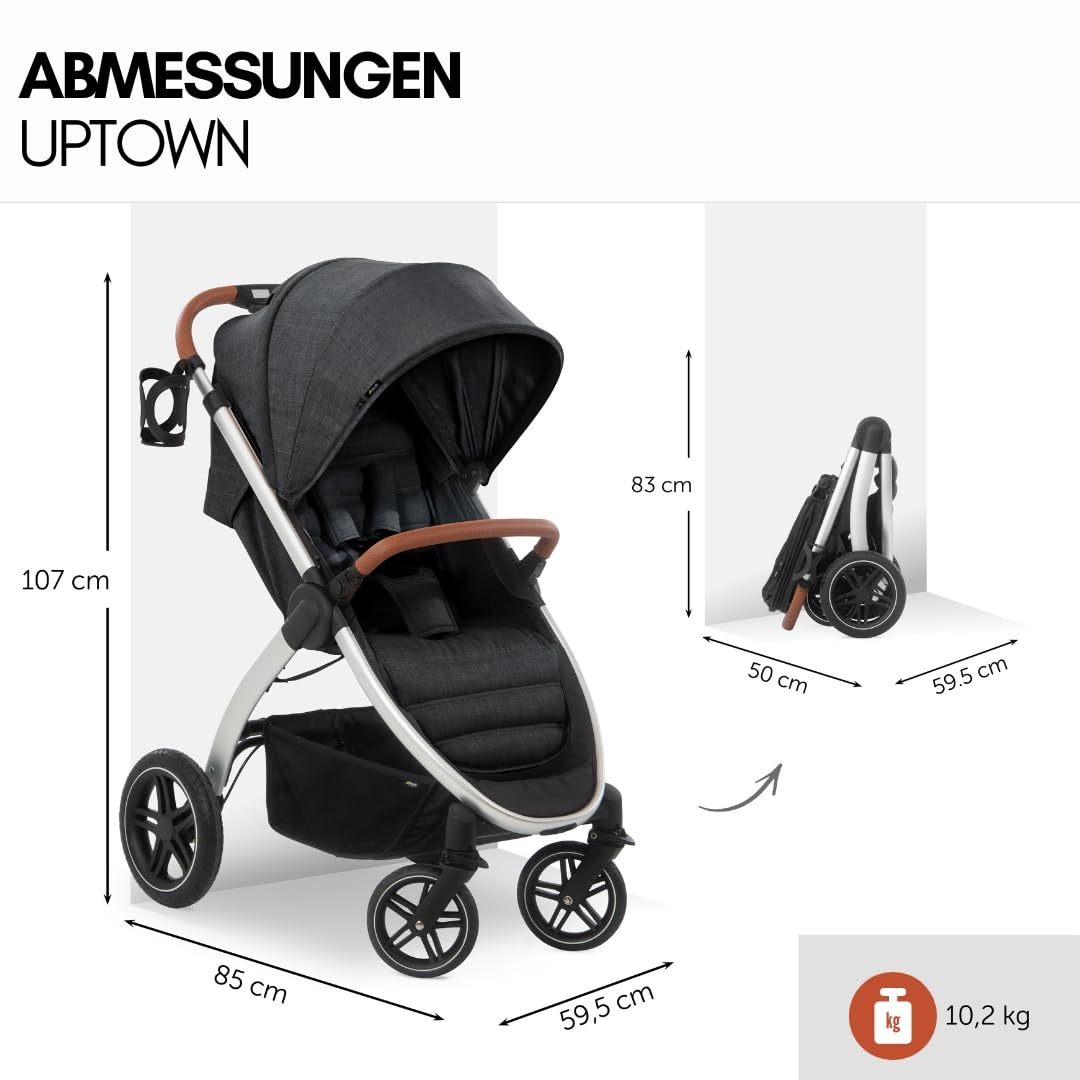 Hauck Uptown Kinderwagen Melange Rose – Kinderwagen für jedes Gelände, extra großer Sitz, flache Liegeposition, Gummiräder, Federung, kompakt und einfach zusammenklappbar, mit Regenschutz