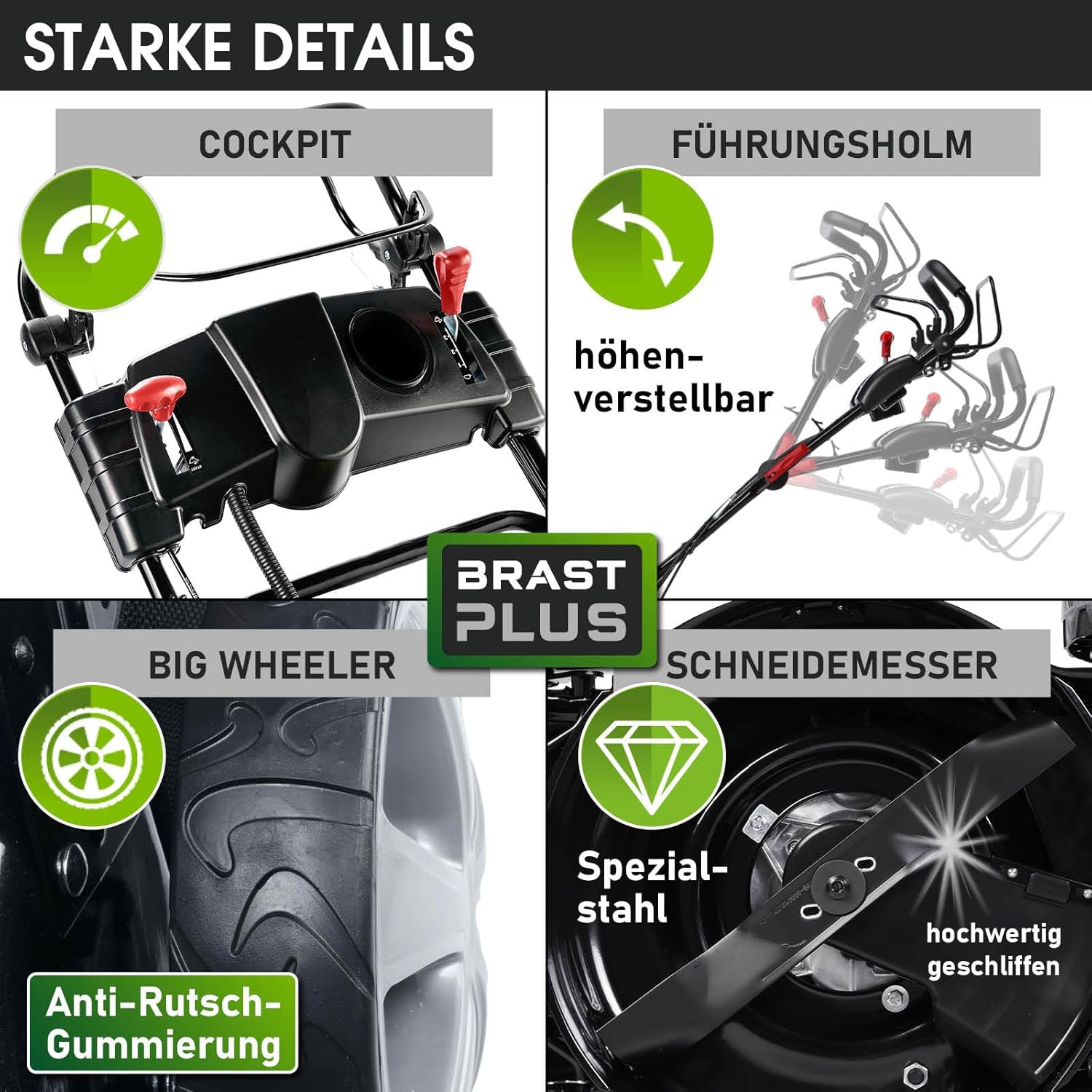 BRAST® Benzin Rasenmäher mit Antrieb | 5,2kW (7PS) | 55cm Schnittbreite | viele Modelle | TÜV | 30-80mm Schnitthöhe | 60L Fangkorb | 4 Takt OHV Motor | Stahlgehäuse | Power