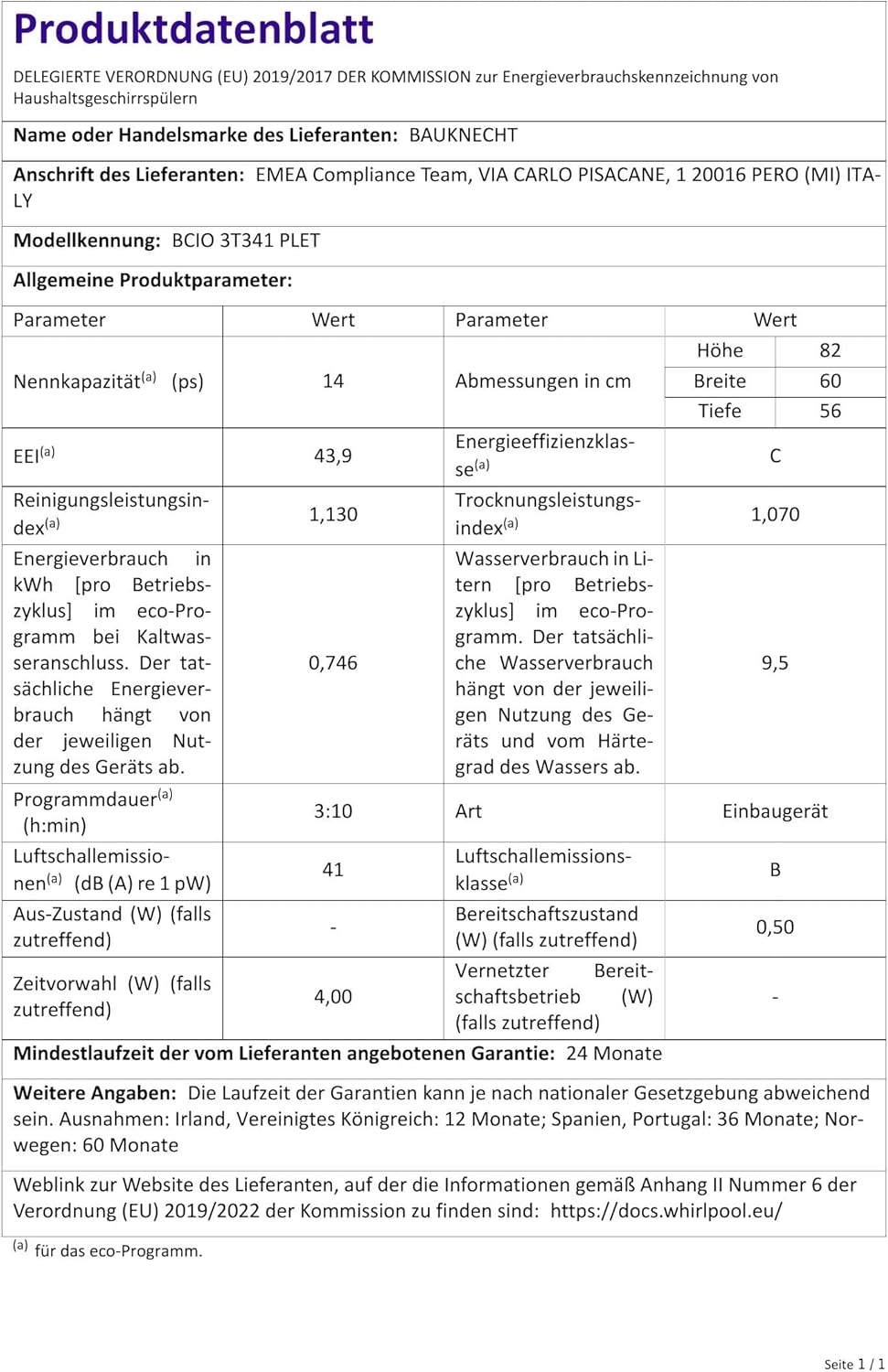 Bauknecht BCIO 3T341 PLET Vollintegrierbarer Geschirrspüler 60 cm /Edelstahl/14 Maßgedecke/10 Standardprogramme und 1 Sensorprogramm/PowerClean/ActiveDry/Besteckschublade/Vollwasserschutz