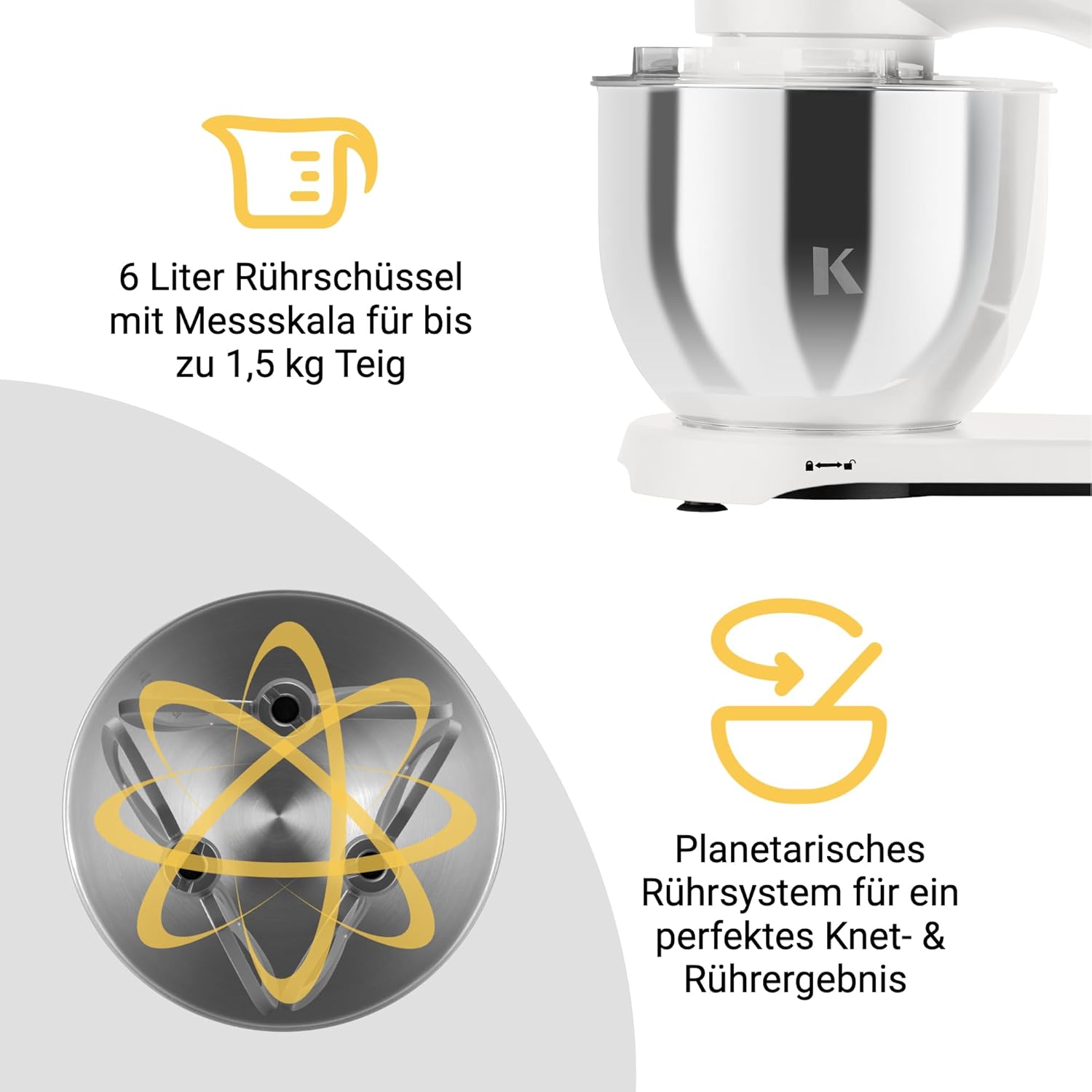KLAMER Küchenmaschine 1800W, Knetmaschine mit 6 Liter Edelstahl Schüssel, 10 Geschwindigkeitsstufen mit Timer, Rührbesen, Knethaken, Schneebesen und Spritzschutz