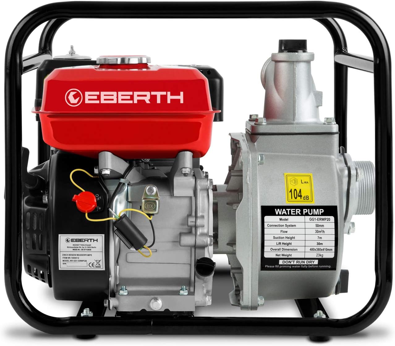 EBERTH 5,5PS Wasserpumpe mit 30.000l/h und 30m Förderhöhe, 2 Zoll Anschluss, Gartenpumpe Schmutzwasserpumpe mit 4-Takt-Motor und 7m Ansaughöhe, Benzin Pumpe, Seilzugstart, Metallfuß, Tragegriff
